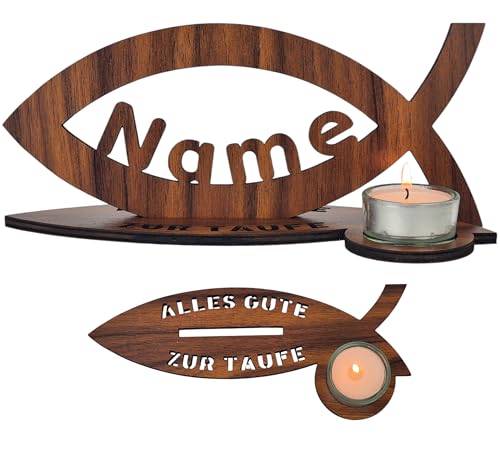 Waluna® Fisch Alles Gute zur Taufe Kerzenhalter Fische aus Holz in 12 Farben- Tisch Dekoration für Kommunion Konfirmation Taufdeko - personalisiert mit Name Tischdeko für Mädchen & Jungen von WALUNA