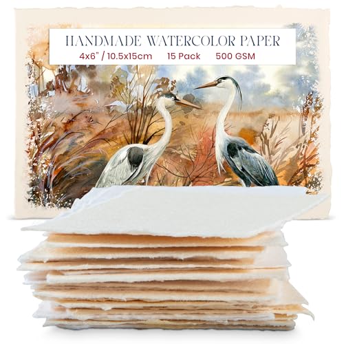 Ultradickes Handgefertigtes Aquarellpapier Im A6 Mit Büttenrand – 10.5 x 15 cm – 500 GSM – Cremefarbenes, Kaltgepresstes, Strukturiertes Mixed-Media-Papier Aus Recycelter Baumwolle – 15 Blattblätter von WANDERINGS