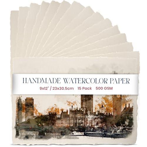 Ultradickes Handgefertigtes Aquarellpapier Mit Büttenrand – 23x30,5 cm – 500 GSM – Kaltpresspapier In Cremeweiß/Elfenbein Mit Strukturierter Mischtechnik Aus Recycelter Baumwolle – 15 Blattblätter von WANDERINGS