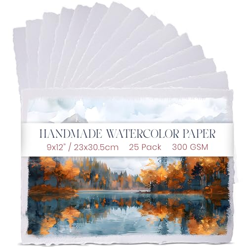 Dickes Handgeschöpftes Aquarellpapier Mit Büttenrand – 23 x 30,5 cm / 9 x 12 Zoll – 300 GSM – Hochwertiges, Kaltgepresstes, Strukturiertes Papier Aus Recycelter Baumwolle – 25 Lose Blattblätter von WANDERINGS