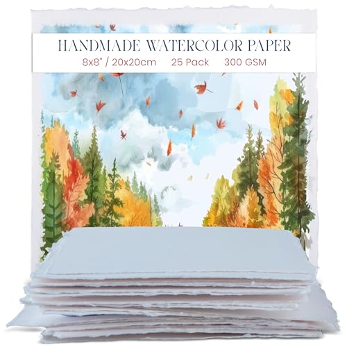 Dickes Handgeschöpftes Aquarellpapier mit Büttenrand – 300 GSM – Hochwertiges, Kaltgepresstes, Gemischtes Medienpapier aus Recycelter Baumwolle, Weiß – 15 Lose Blattblätter – 20,3 x 20,3 cm von WANDERINGS