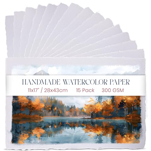 Dickes Handgeschöpftes Aquarellpapier mit Büttenrandr – 28 x 43 cm / 11 x 17" – 300 GSM – Hochwertiges, Kaltgepresstes, Gemischtes Medienpapier aus Recycelter Baumwolle, Weiß – 15 Lose Blattblätte von WANDERINGS