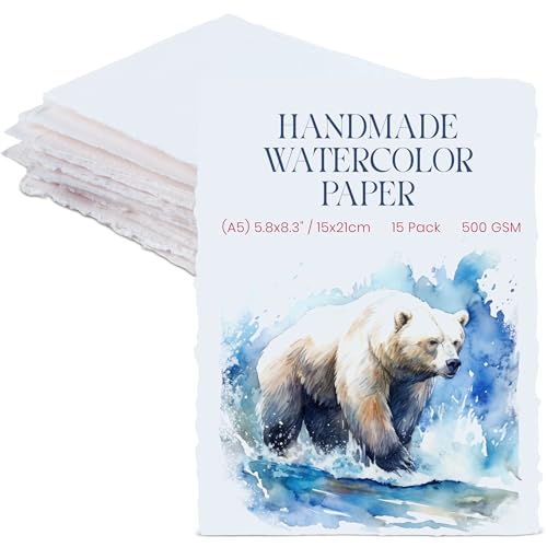 Dickes Handgemachtes Aquarellpapier Mit Gerissenem Rand A5-15x21 cm - 500GSM, Premium Weißes Kaltgepresstes Strukturiertes Mischpapier Aus Recycelter Baumwolle - 15 Lose Blätter von WANDERINGS