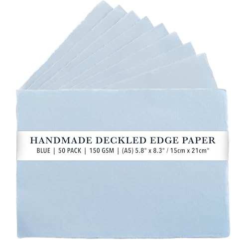 Wanderings A5 Handmade Blue Deckle Edge Blank Paper - 5.25x8.25” - Pack of 50 - Watercolor/Mixed Media Paper - Wedding Invitations, Letterpress, Greeting Cards, Table Menus - Thick 150 GSM von WANDERINGS