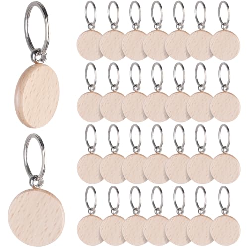 WANDGU 30 Stück Schlüsselanhänger Holz: Personalisierte Runde Leer Schlüsselanhänger, Blanko DIY Schlüsselanhänger Wooden, Rund Wooden Keychain Schlüsselring für DIY, Malerei, Dekoration, Geschenke von WANDGU