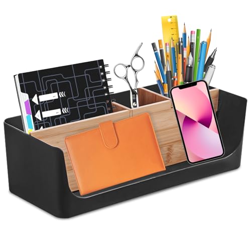 WANDGU 4 Fächer Schreibtisch Organizer: Tisch-Büro-Kosmetik-Organizer, Handy und Tablet Halterung, Briefablage, Stiftehalter Schreibtisch, Fächer Holz Desktop Stift für Stifte, Kosmetika, Haftnotizen von WANDGU