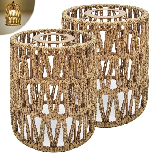 WANDGU Lampenschirm Hängelampe Lampenschirm Rattan: 2 Stück Lampenschirm Boho Retro Dekor Lampenabdeckungen, Ersatz Hängelampenabdeckungen Lampenschirm Zubehör für Esszimmer Wohnzimmer von WANDGU