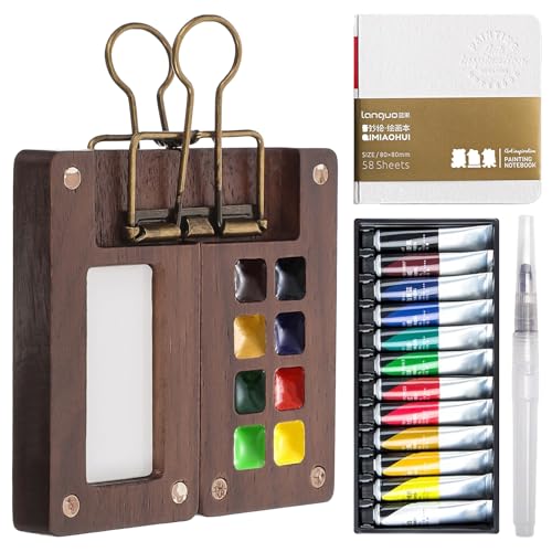 WANDGU Mini Palette: Mini Aquarell Set, Tragbare Aquarell-Paletten-Set, Reisepalette aus Holz mit 8 Fächern und Binder-Clips (1 Palette, 1 Zeichnungsbuch, 1 Füllfederhalter, 1 Kasten Farbe) von WANDGU