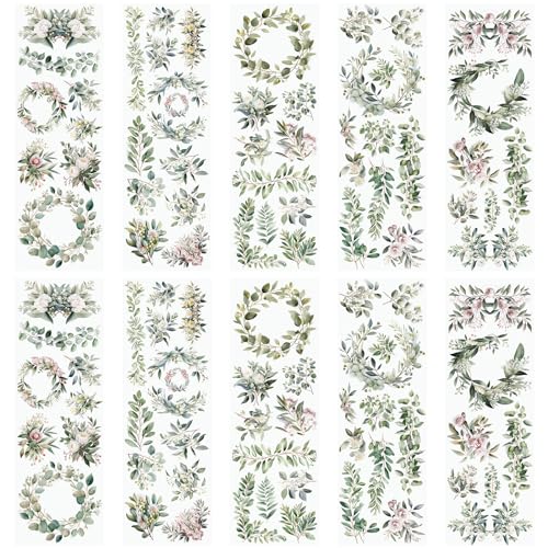 WANDIC 10 Blatt Transfer-Aufkleber, Distress Leaves Decals Bud Flower Aufkleber für DIY Scrapbooking Fotoalben Möbel 30 x 9,9 cm von WANDIC