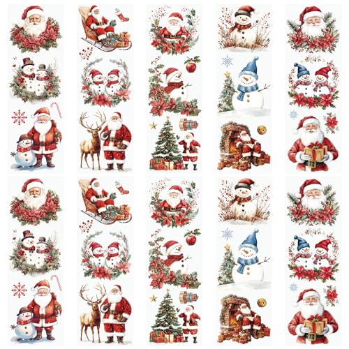 WANDIC 10 Stück Weihnachtsmann Rub On Sticker Weihnachten, Schneemann Winter Weihnachtsaufkleber Wasserdichte Aufkleberfür Scrapbook Tagebuch Planer Album,10 * 30cm von WANDIC