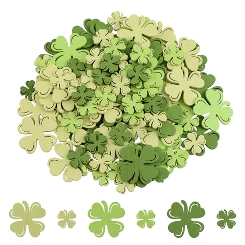 WANDIC 100PCS St. Patrick's Day Vier Blatt Kleefer Konfetti Grün Vier Blatt Klebstoff Holzscheiben Naturholz Handwerk Zwei Größen für DIY Anhänger, Handwerk, Wanddekorationen von WANDIC