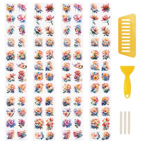 WANDIC 12 Blatt Rub-On-Transferaufkleber Aquarell Blume Decals Wasserdichte Aufkleber Möbel Handwerk Decals für DIY Scrapbooking von WANDIC