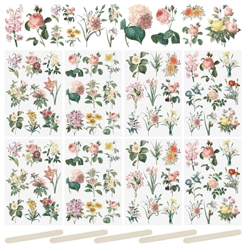 WANDIC 16 Blatt Rubbeltransfer-Aufkleber, wasserdichte Aufkleber, minimalistische Retro-Blumen-Aufkleber, Möbel-Handwerks-Abziehbilder für DIY Scrapbooking von WANDIC