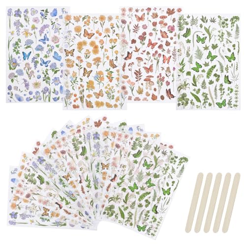 WANDIC 16 Blatt Transfer-Aufkleber-Set, 4 Stile, Schmetterlings-Blumenmuster, Selbstklebende Aufkleber, blau, gelb, rosa, grün, Aufkleber für Scrapbook, Journal von WANDIC
