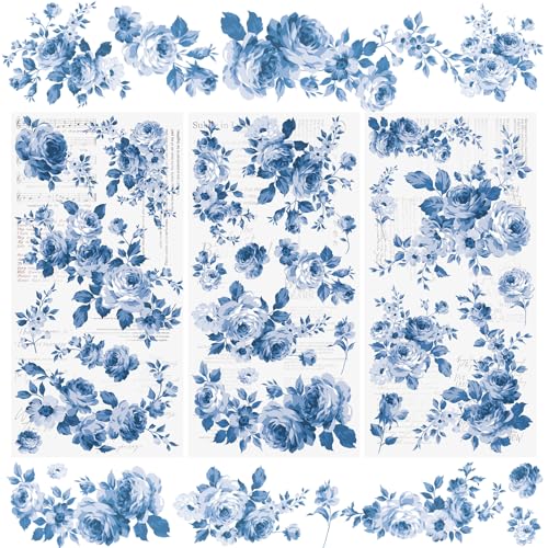 WANDIC 3 Bögen Transfer-Aufkleber, Blaue Blumen, wasserdichte Aufkleber, Möbel-Transfer-Aufkleber für DIY, Scrapbooking von WANDIC