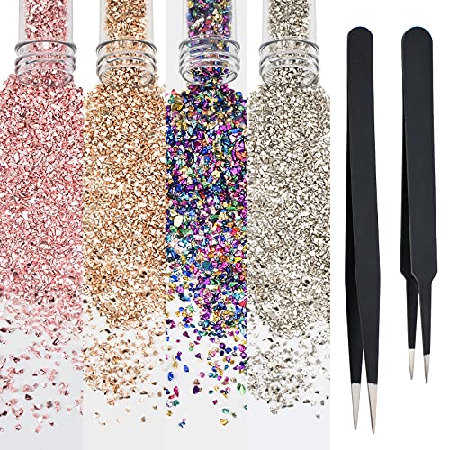 WANDIC 4 Farben zerkleinertes Glas, unregelmäßige Chips 2-4 mm Champagner Silber Rosa Gemischte Farbe Glitzer Zerkleinerte Glasfüller mit Pinzette für Harzhandwerk Nail Art Painting von WANDIC