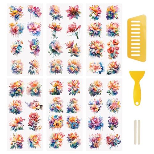 WANDIC 6 Blatt Rubbel-Aufkleber Wasserfeste Aufkleber Aquarell Thema Abziehbilder Möbel Handwerk Abziehbilder für DIY Scrapbooking von WANDIC