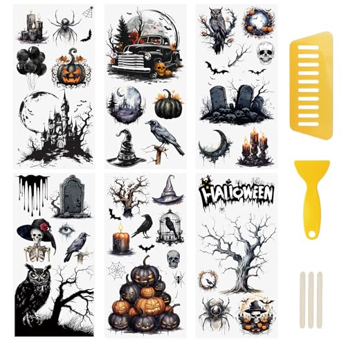 WANDIC 6 Bögen Halloween-Aufkleber zum Aufreiben, exquisite Krähe, Geist, Fledermaus, Totenkopf, Transferaufkleber, wasserdicht, für Zuhause, Party, Basteln, 15 x 30 cm von WANDIC