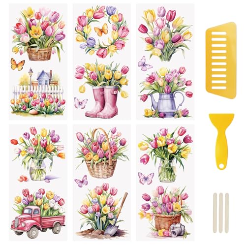 WANDIC 6 Stück Tulpen zum Aufreiben, Transfer-Aufkleber, Frühlingsaufkleber, Schmetterling, Blumen-Aufkleber für Geschenkverpackung, DIY, Scrapbooking, Fotoalben, Möbel, 15 x 30 cm von WANDIC