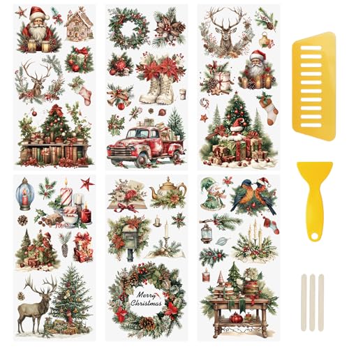 WANDIC 6 Stück Vintage Rub On Sticker Weihnachten, Frohe Weihnachten Aufkleber Winter Wasserdichte Aufkleberfür Scrapbook Tagebuch Planer Album,15 * 30cm von WANDIC