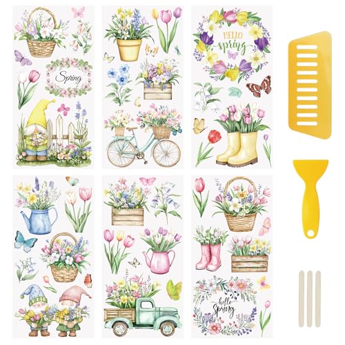 WANDIC 6 x Transfer-Aufkleber, Frühlingsblumen, bunte Frühlingselemente, Aufkleber für Möbel und Scrapbooking, 15 x 30 cm von WANDIC