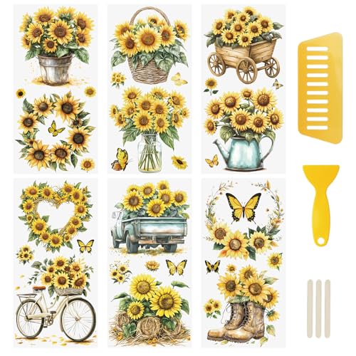 WANDIC 6 x Transfer-Aufkleber, Sonnenblumen-Motiv, Transfer-Aufkleber für Bastelarbeiten, Scrapbooking, Fotoalben, Möbelumschläge, 30 x 15 cm von WANDIC