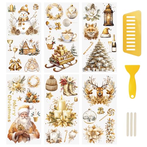 WANDIC 6 Stück Golden Rub On Sticker Weihnachten, Frohe Weihnachten Aufkleber Winter Wasserdichte Aufkleberfür Scrapbook Tagebuch Planer Album,15 * 30cm von WANDIC