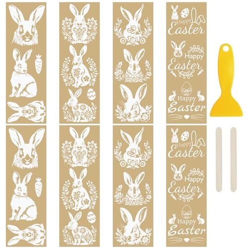 WANDIC 8 Stück Goldprägung Ostern Reiben auf Transfer-Aufkleber, niedlicher Hasen-Aufkleber, Blume und Text, Aufkleber für Geschenkverpackung, DIY, Scrapbooking, Alben, Möbel, 10 x 30 cm von WANDIC