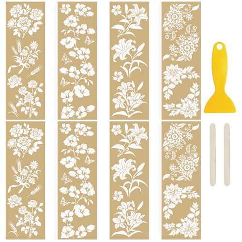 WANDIC 8 x Goldene Stempelaufkleber, zum Aufreiben, Blumen-Thema, wasserdichte Aufkleber für Möbel, Scrapbooking, Fenster, 10 x 30 cm von WANDIC