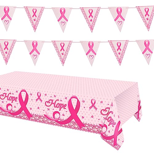 WANDIC Brustkrebs-Bewusstseins-Set, 220 x 130 cm, rosa Schleife und 16 krebsfreie Dreieck-Wimpelketten für DIY-Party-Dekorationen von WANDIC