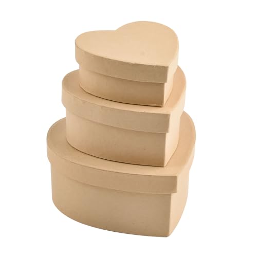 WANDIC Pappmaché-Box, Set mit 3 Herz-Masché-Boxen aus Pappmaché, Hut-Boxen aus Kraftpapier mit Deckel, ideal zum Malen, Basteln und Aufbewahren, Zubehör, Kosmetik, Schmuck, Geschenke von WANDIC