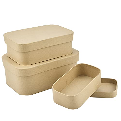 WANDIC Pappmaché-Box, Set mit 3 rechteckigen Pappmaché-Hut-Boxen aus Kraftpapier mit runden Winkeln, ideal zum Malen, Basteln und Aufbewahren, Zubehör, Kosmetik, Schmuck, Geschenke von WANDIC