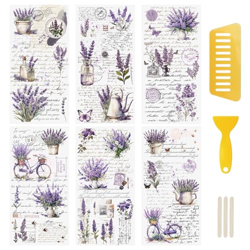 WANDIC Retro Rub On Transfer Aufkleber, 6 Blatt Lavendel Abziehbilder Lila Blume Aufkleber Wasserdichte Abziehbilder Blumenaufkleber mit Copywriting für Grußkarten von WANDIC