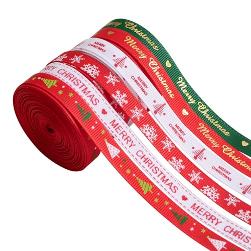 WANDIC Satinband, Schneeflockenkranz-Muster für Geschenkverpackungen, Weihnachtsbaumkranz, Partydekoration, 4,5 m, 6 Rollen von WANDIC