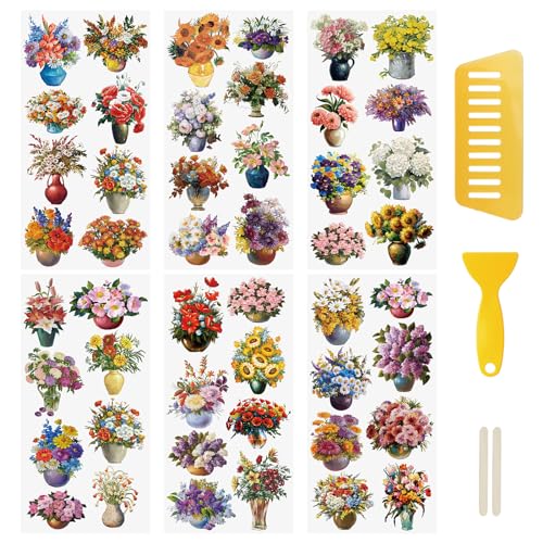 WANDIC Transfer-Aufkleber zum Aufreiben, 6 Blatt Blumen in Vase, Transfer-Aufkleber, wasserdicht, Blumenaufkleber, Pflanzenaufkleber für Partygeschenke, Dekoration von WANDIC