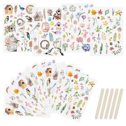 WANDIC Transferaufkleber zum Aufreiben, 16 Blatt Vogel DIY Transfer Decals Wasserdichte Blumen Scrapbook Aufkleber für Kartenherstellung Grußkarten Geschenkverpackung Heimdekoration von WANDIC