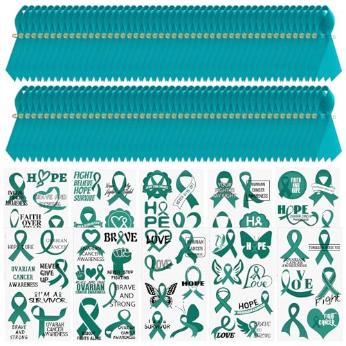 WANDIC Türkis Band Awareness Kit, 100PCS Band Pins 10 Blätter temporäre Tattoo für Eierstockkrebs für gemeinnützige Aktivitäten von WANDIC