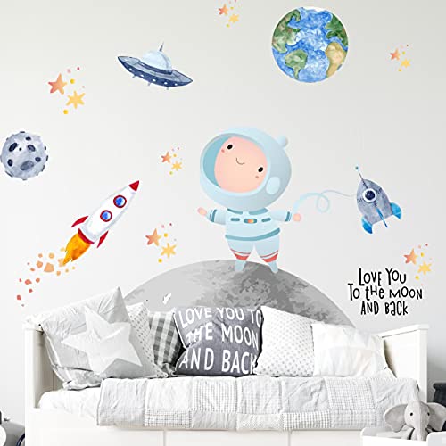 Astronaut Wandtattoo V295 | handgezeichnet | AUFKLEBER Kindergarten | Wandsticker Kinderzimmer Weltraum Rakete Mondreise Erde Sterne Raumschiff Planeten (20 x 20 cm) von WANDKIND