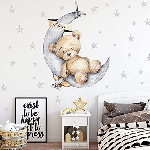 Bär auf dem Mond mit Wunschname Wandtattoo V300 | handgezeichnet | AUFKLEBER Kindergarten | Wandsticker Kinderzimmer Teddybär mit Sterne Teddy (90 x 125 cm) von WANDKIND