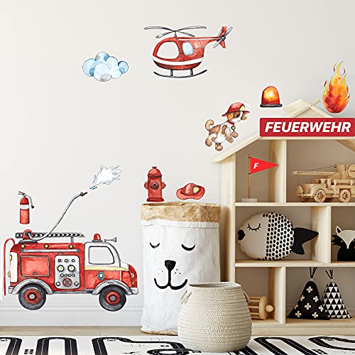 WANDKIND Feuerwehr Wandtattoo Set V246 | handgezeichnet | AUFKLEBER Kindergarten | Wandsticker Kinderzimmer Deko Helikopter Hubschrauber Feuerwehrhund Fahrzeug Auto Feuerwehrauto (40 x 40 cm) von WANDKIND