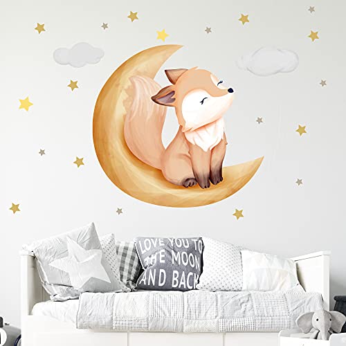 WANDKIND Fuchs auf dem Mond Wandtattoo V254 | handgezeichnet | AUFKLEBER Kindergarten | Wandsticker Kinderzimmer mit Wolken und Sterne Wolke Sleepy Eyes (40 x 40 cm) von WANDKIND