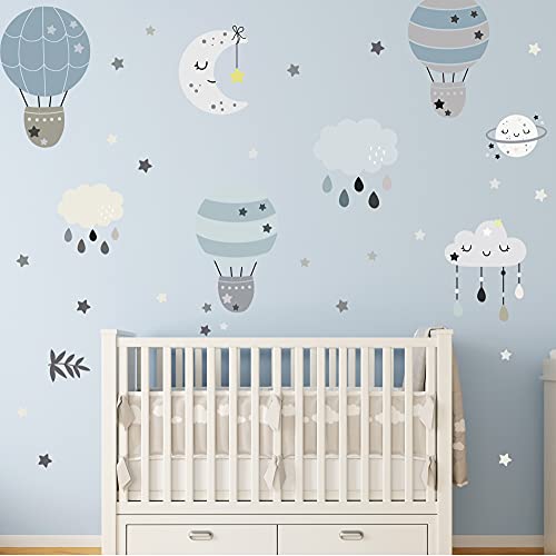 WANDKIND HEIÃŸLUFTBALLON Wandtattoo Set | V261 handgezeichnet | AUFKLEBER Kindergarten | Wandsticker Kinderzimmer Babyzimmer Ballon Wolken Sterne Mond Boho (Blau) von WANDKIND