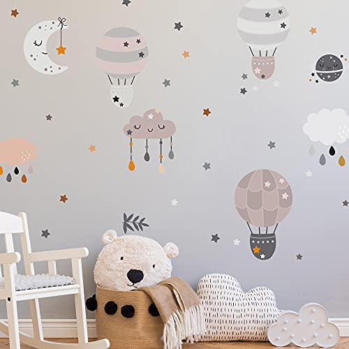 WANDKIND HEIÃŸLUFTBALLON Wandtattoo Set | V261 handgezeichnet | AUFKLEBER Kindergarten | Wandsticker Kinderzimmer Babyzimmer Ballon Wolken Sterne Mond Boho (Neutral) von WANDKIND