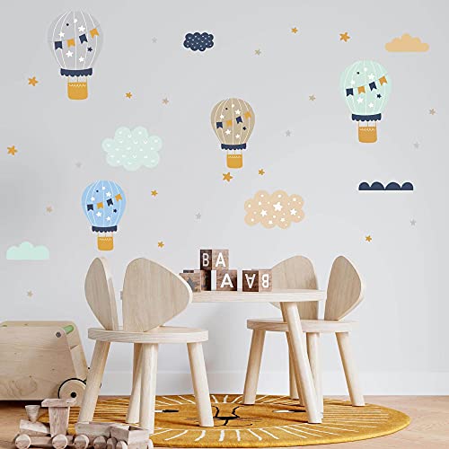 Heißluftballon, Wolken & Sterne Wandtattoo Set | 40 x 60 cm | Boho Aufkleber Kindergarten | Wandsticker Kinderzimmer Babyzimmer Wolken Wand Deko Ballon Stern von WANDKIND