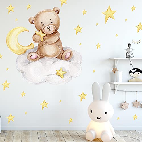 Knuddel Bär auf der Wolke V292 | handgezeichnet | AUFKLEBER Kindergarten | Wandsticker Kinderzimmer Teddybär mit Sterne Teddy (40 x 40 cm) von WANDKIND