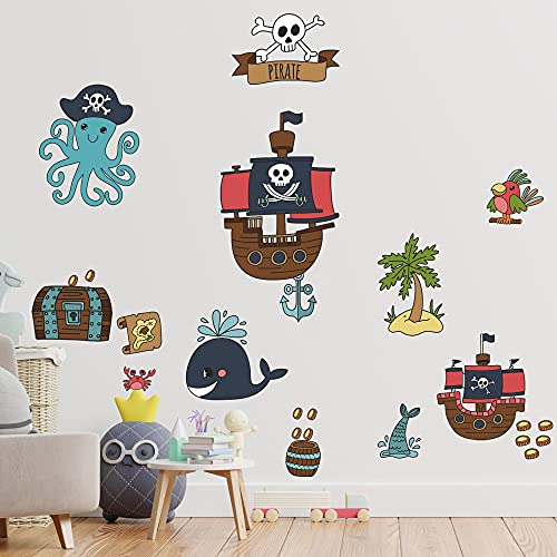 Piraten Wandtattoo Set V250 | handgezeichnet | AUFKLEBER Kindergarten | Wandsticker Kinderzimmer Matrose Pirat Oktopus Piratenschiff Seemann Anker Insel (40 x 40 cm) von WANDKIND