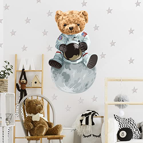 WANDKIND Astronaut Bär Wandtattoo V326 | handgezeichnet | AUFKLEBER Kindergarten | Wandsticker Kinderzimmer Deko Teddybär auf dem Mond Teddy (120 x 120 cm) von WANDKIND