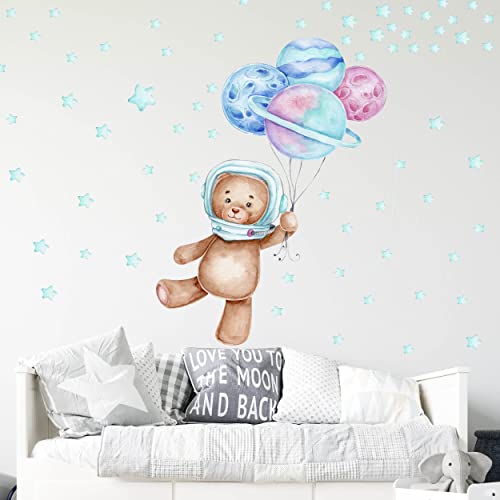 WANDKIND Bär Astronaut V304 Wandtattoo Kinderzimmer | handgezeichnet | AUFKLEBER Kindergarten | Wandsticker Babyzimmer, Kinderzimmer Bär, Astronaut, Ballons, Sterne (75 x 102 cm) von WANDKIND