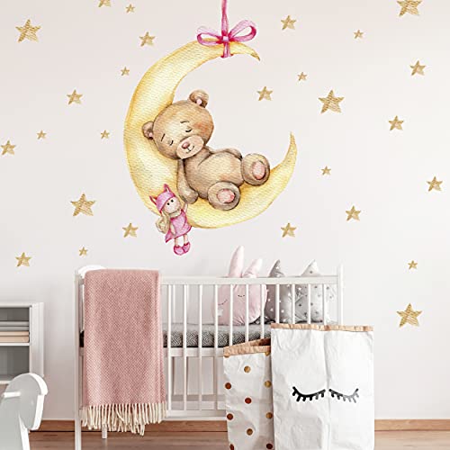 WANDKIND Bär auf dem Mond Wandtattoo V291 | handgezeichnet | AUFKLEBER Kindergarten | Wandsticker Kinderzimmer Teddybär mit Sterne Teddy (20 x 30 cm) von WANDKIND