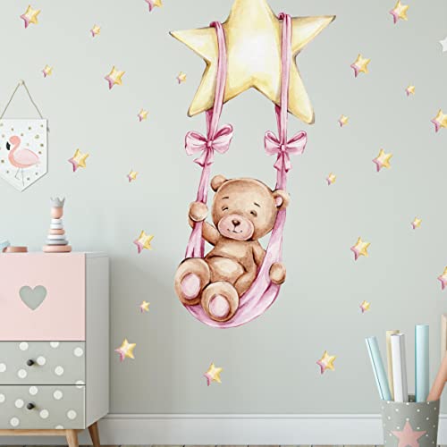 WANDKIND Bär auf der Schaukel V298 Wandtattoo Kinderzimmer | handgezeichnet | AUFKLEBER Kindergarten | Wandsticker Babyzimmer, Kinderzimmer Bär, Schaukel, Sterne (30 x 54 cm) von WANDKIND